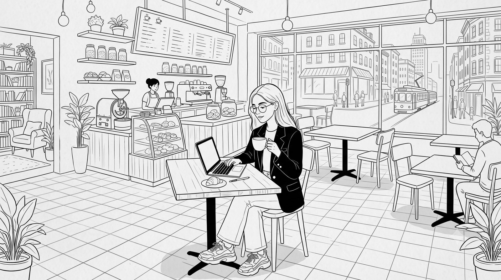 Black and white illustration of Rafa working on her laptop in a café